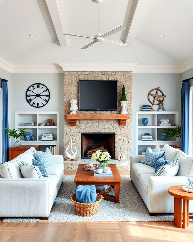 sectional in a coastal living room with fireplace