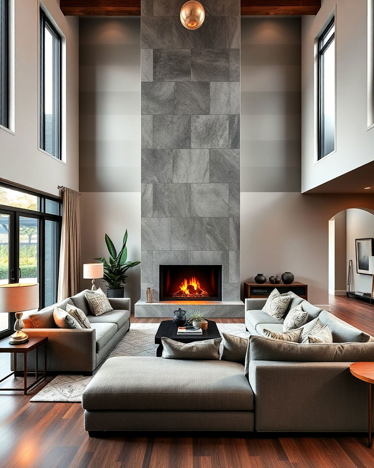 sectional in a living room with a floor to ceiling fireplace