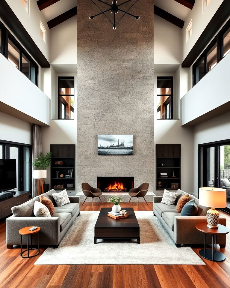 sectional in a lofted living room with a double height fireplace