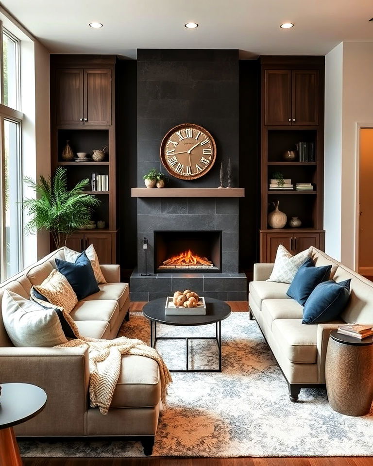 sectional in front of a fireplace alcove