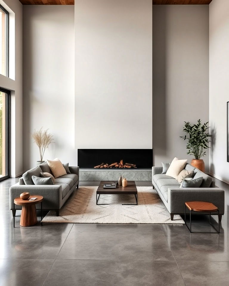 sectional with a minimalist fireplace and concrete floor