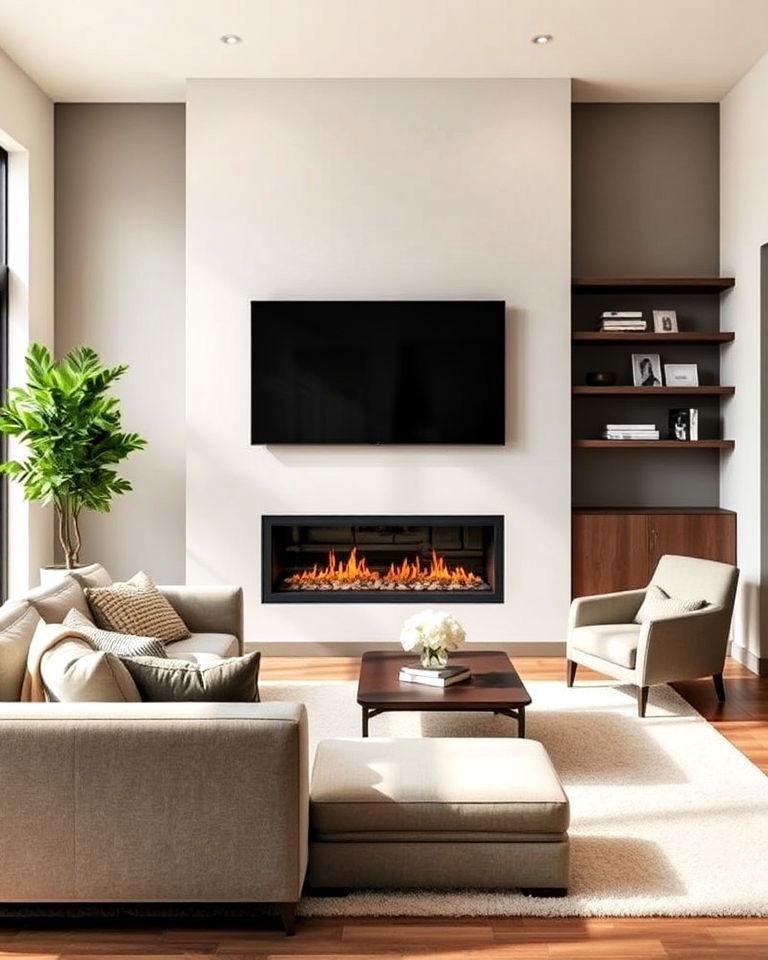 sectional with a modern fireplace and floating shelves