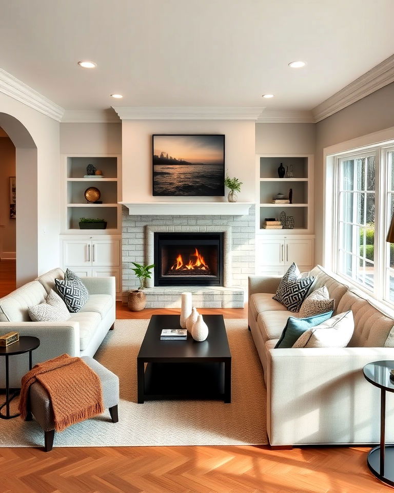 sectional with built in fireplace seating