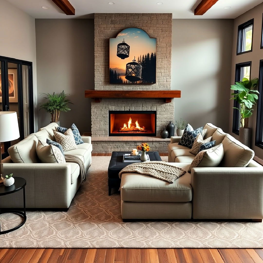 sectional with chaise lounge facing the fireplace