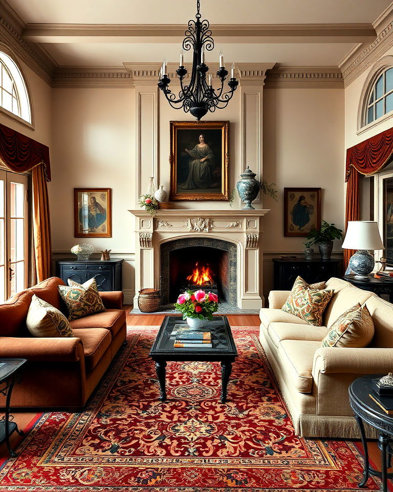 sectional with fireplace in an elegant traditional living room