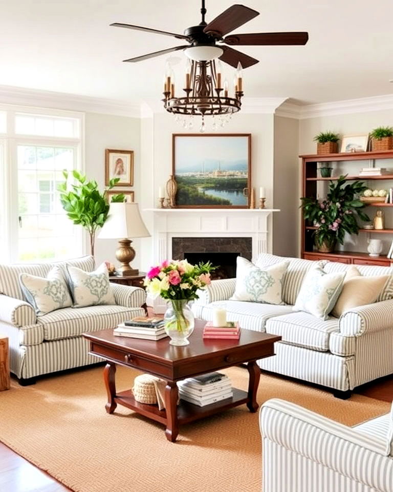 seersucker living room upholstery to bring a preppy vibe