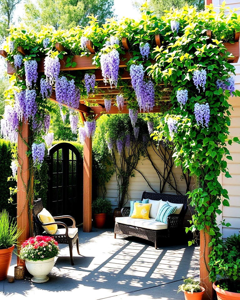 shaded pergola with climbing vines