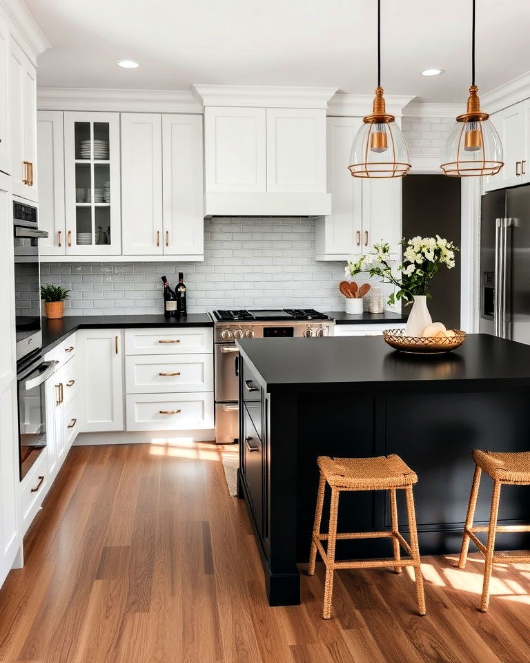 shaker style white cabinets and a matte black island