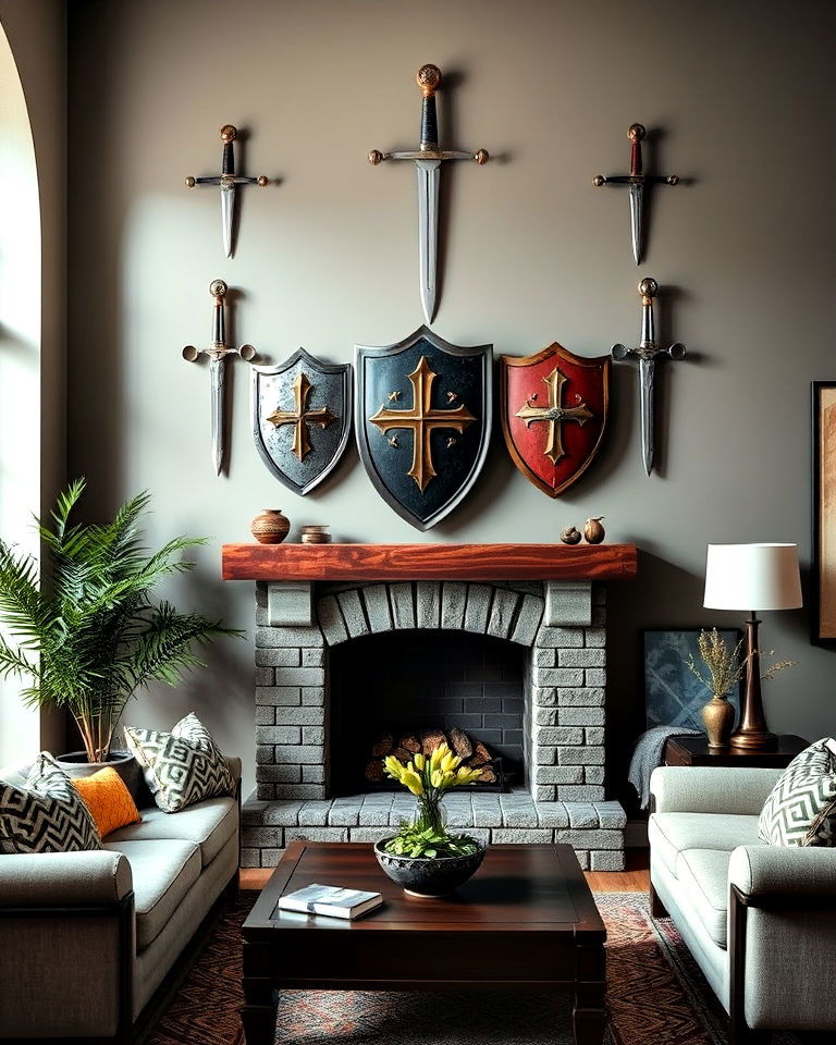 shields and swords wall decor