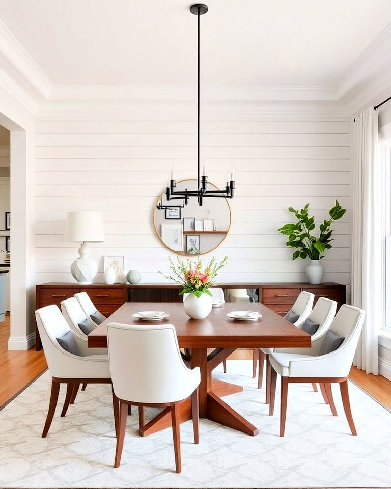 shiplap dining room walls with a classic crown molding