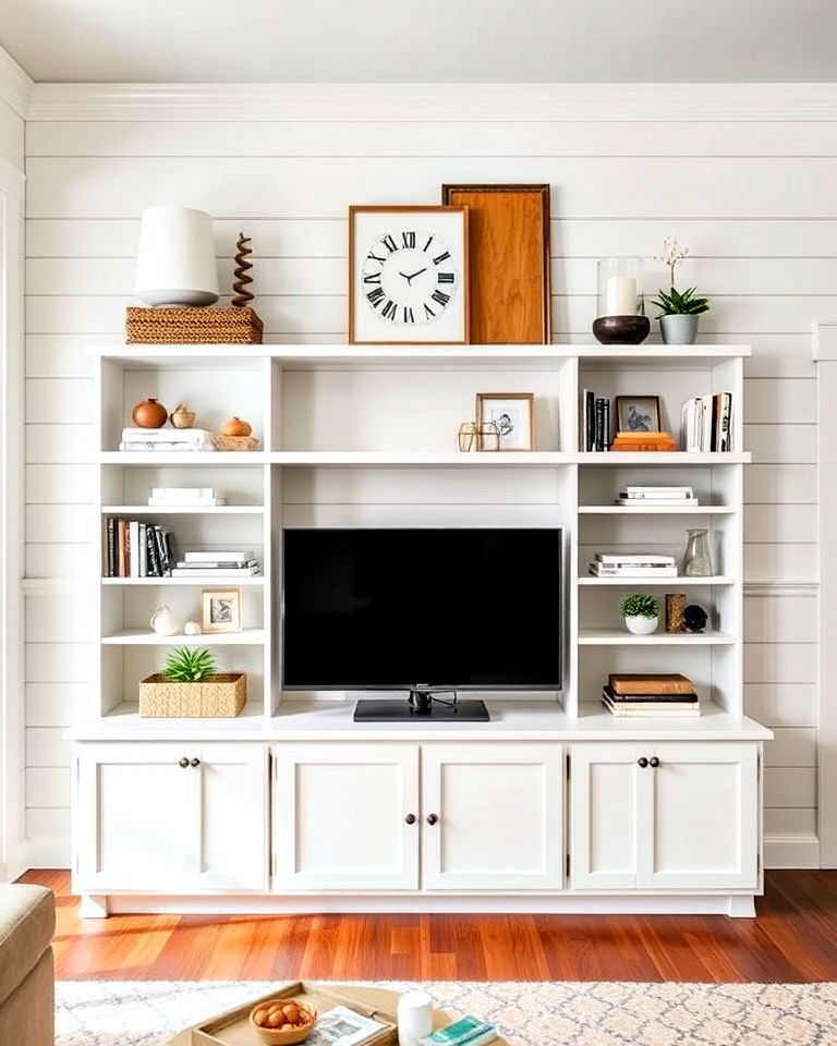 shiplap shelving backdrop for living room