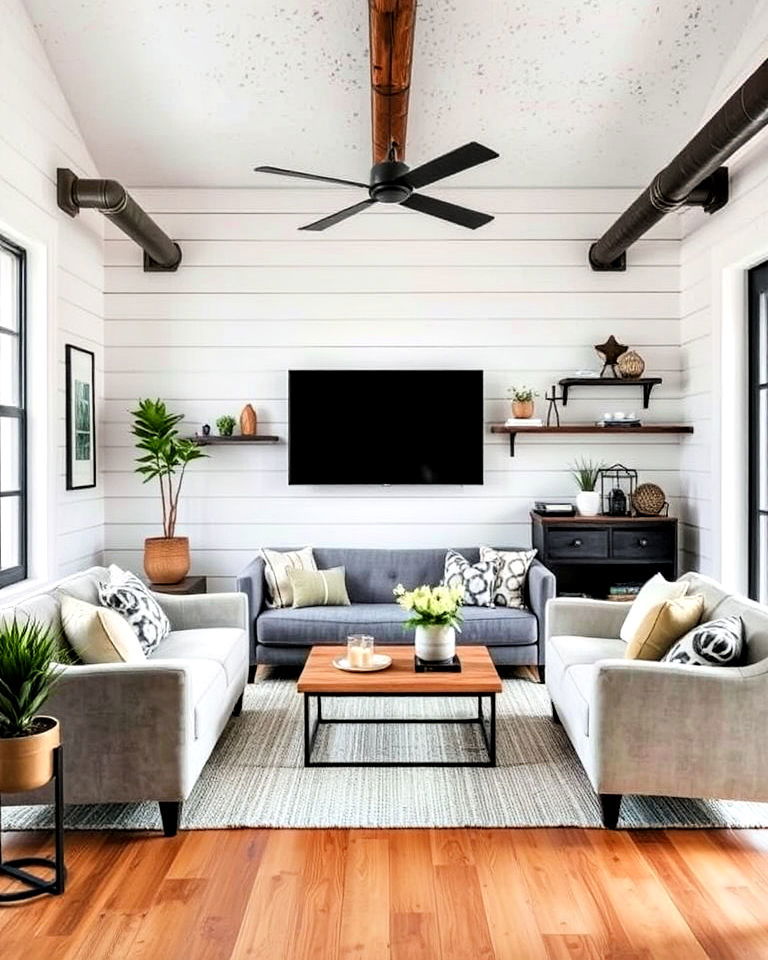 shiplap walls with industrial style decor