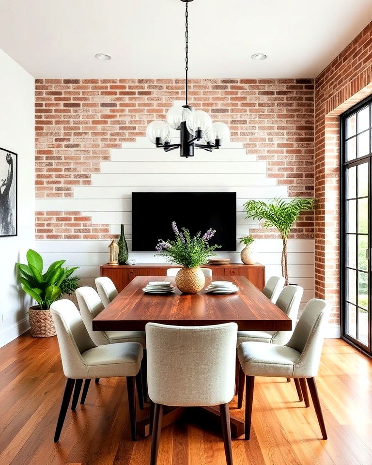 shiplap with brick walls for industrial dining room
