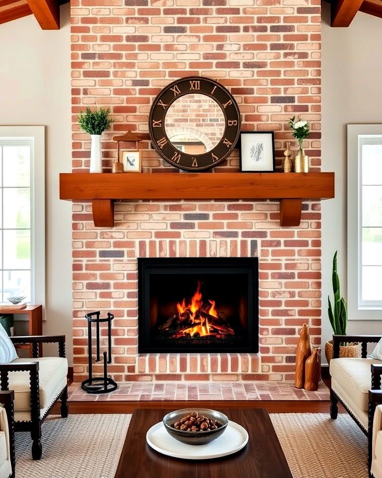 simple brick craftsman fireplace with wide mantel