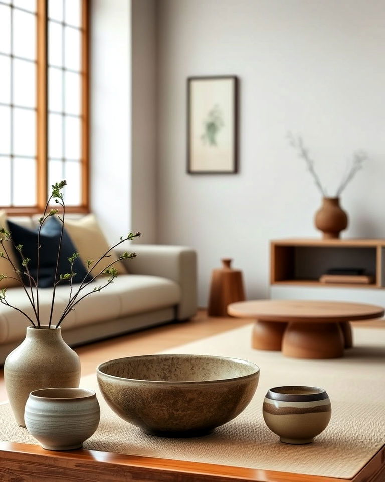 simple pottery for earthy elegance in living room simple pottery for earthy elegance in living room