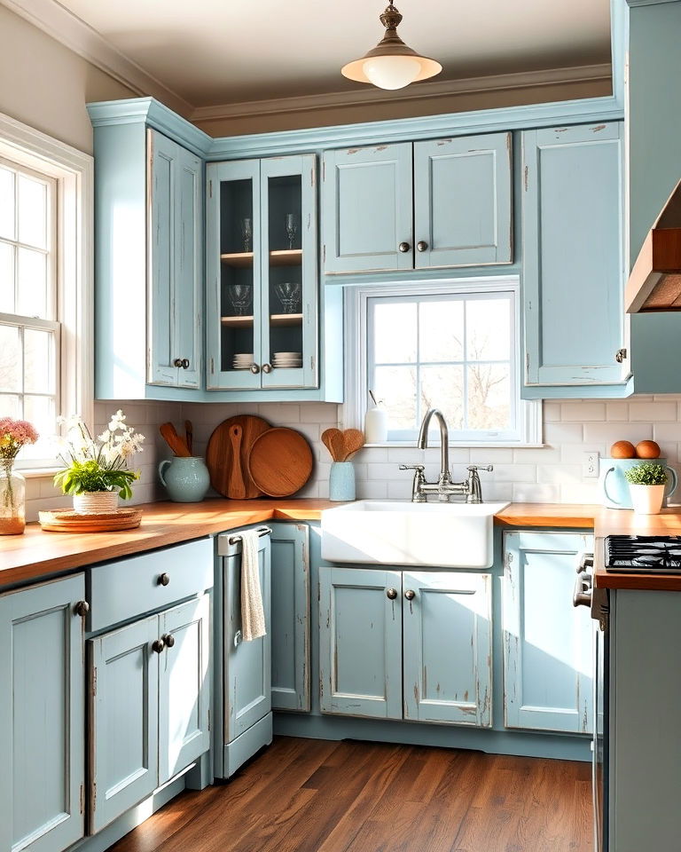 sky blue cabinets with distressed finish