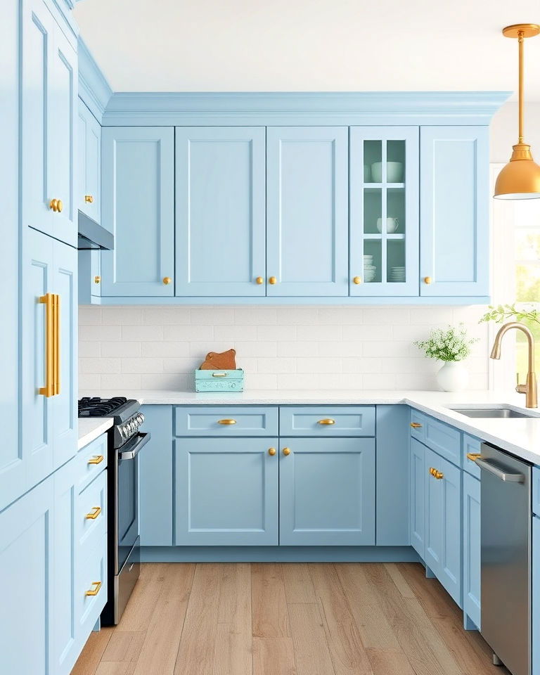 sky blue cabinets with gold accented knobs
