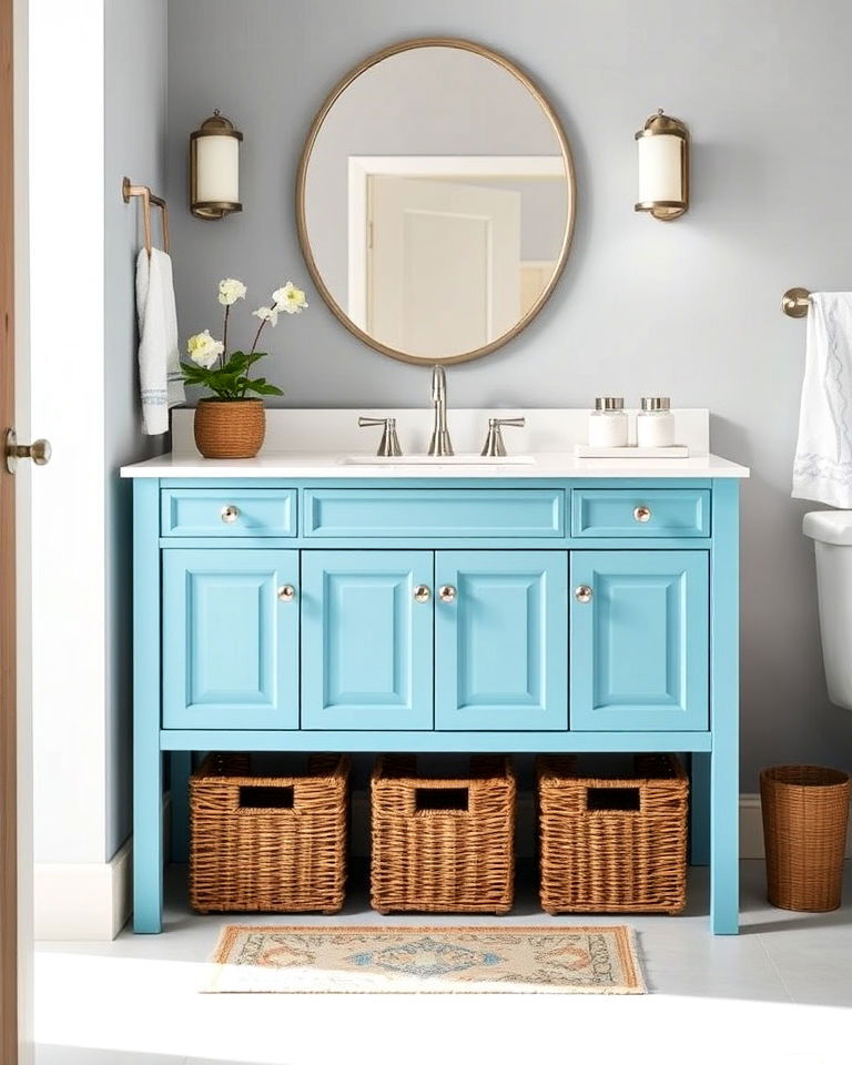 sky blue vanity with white countertop