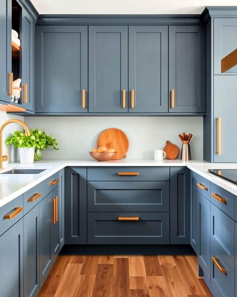slate blue cabinets with brushed gold handles