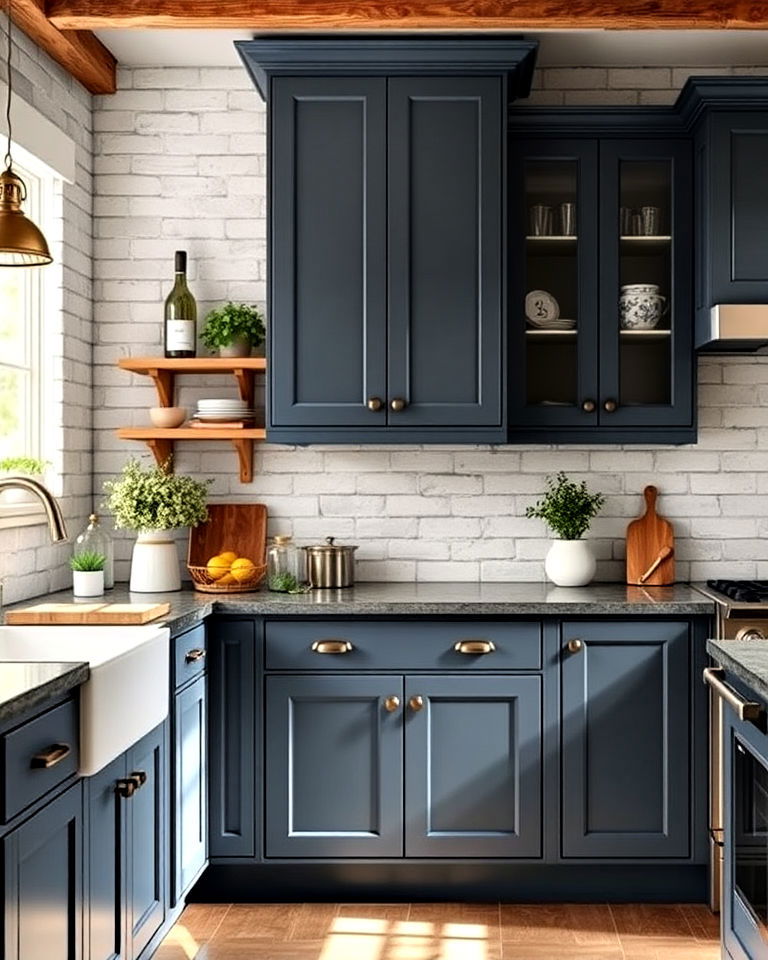 slate blue cabinets with whitewashed brick