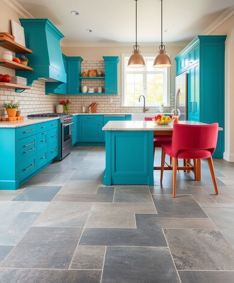 slate floors with bold kitchen cabinets slate floors with bold kitchen cabinets