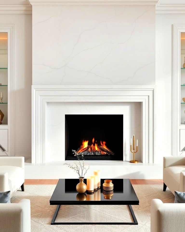 sleek and classic white marble fireplace