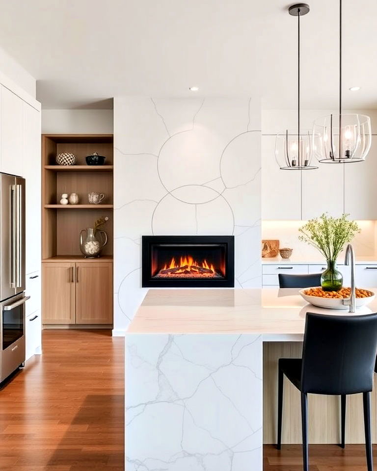 sleek and minimalistic fireplace in a modern kitchen