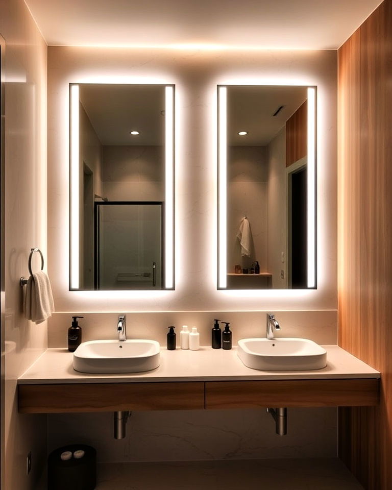sleek and modern backlit mirrors bathroom