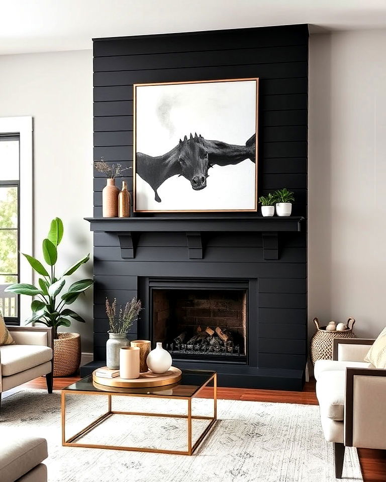 sleek and modern black shiplap fireplace