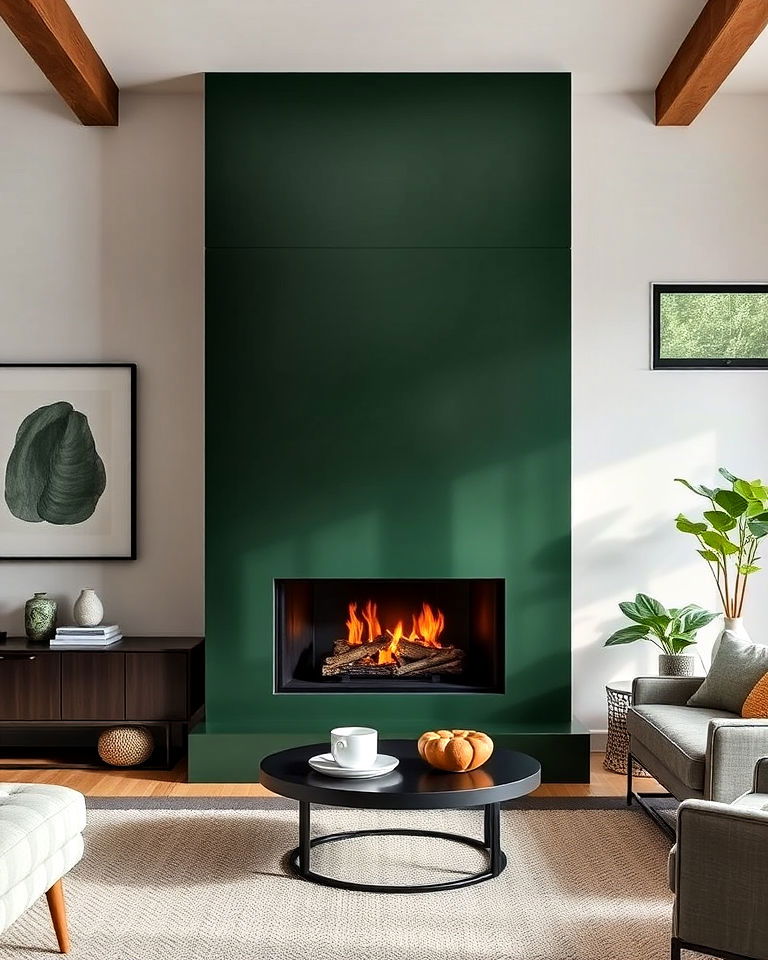 sleek and modern hunter green metal fireplace