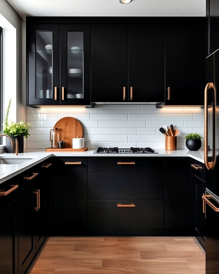 sleek black cabinets with copper hardware