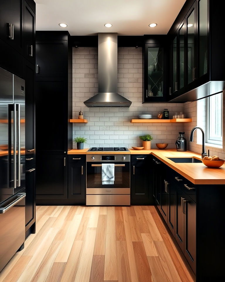 sleek black cabinets with warm wooden countertop