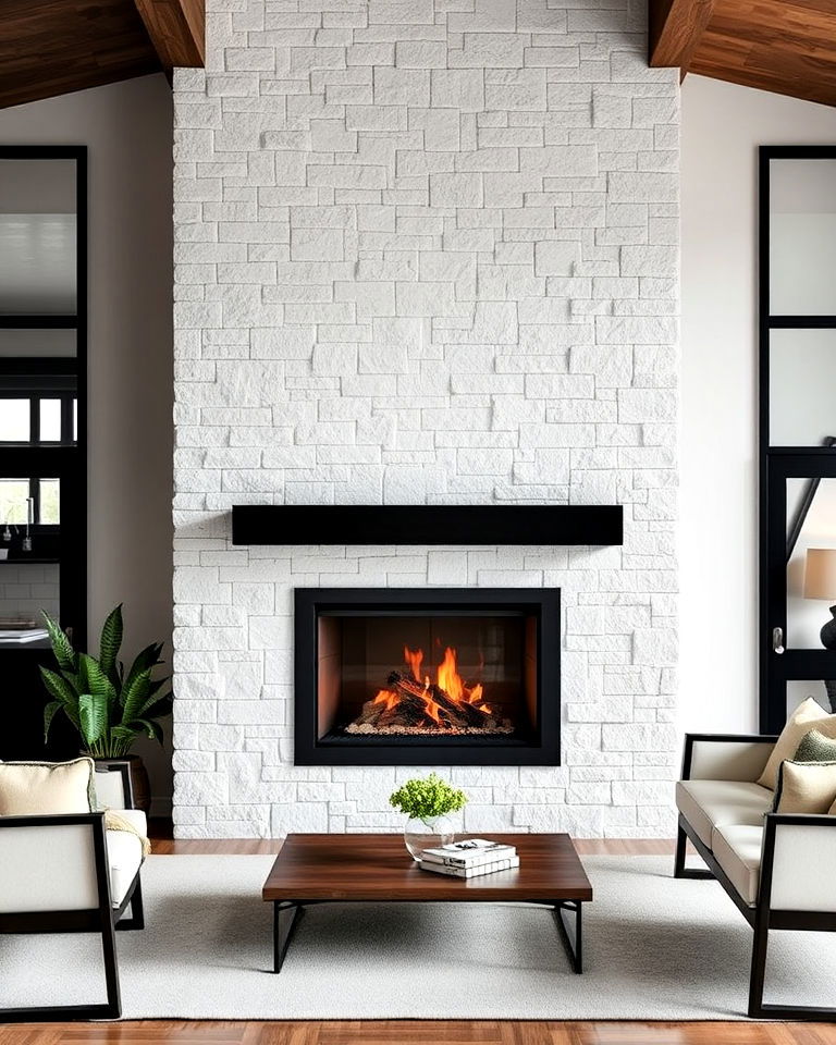 sleek black metal fireplace with white stone