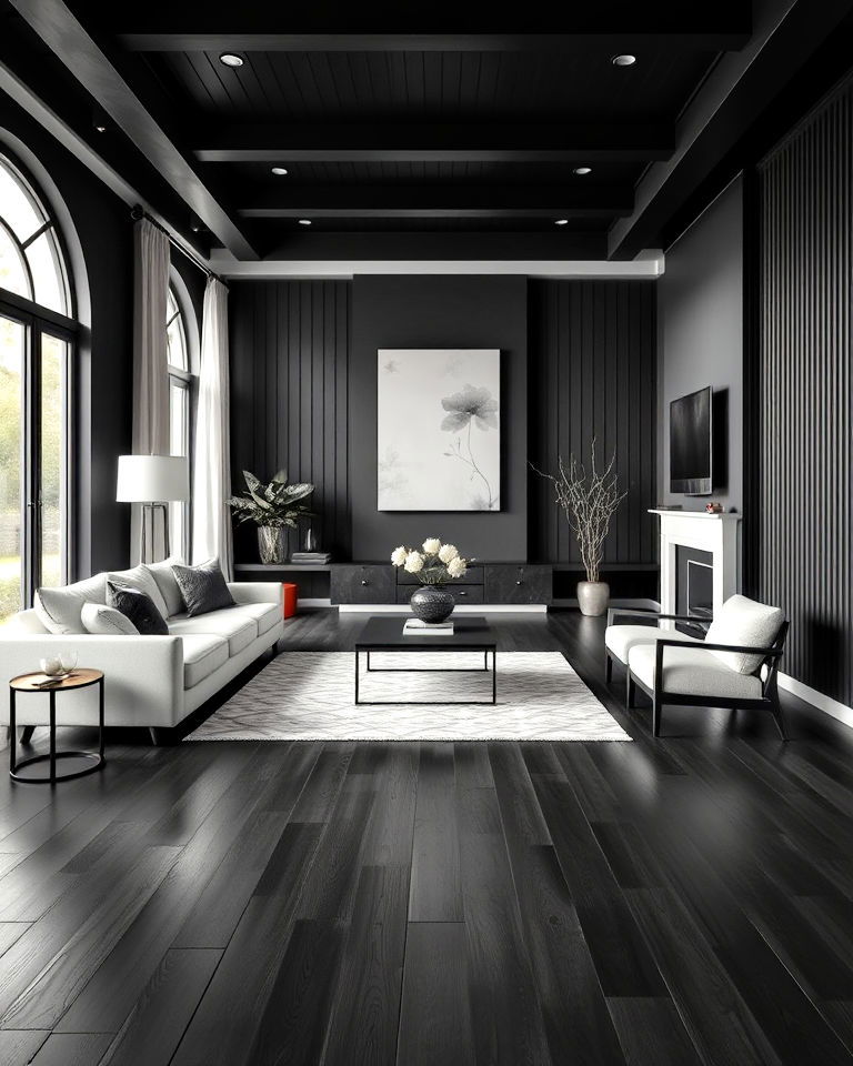 sleek black wood floor for bold contrast