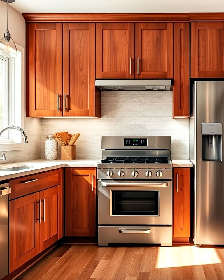 sleek cherry cabinets with stainless steel appliances
