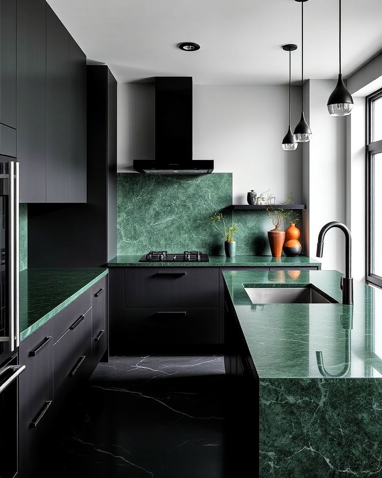 sleek dark green quartz kitchen countertop