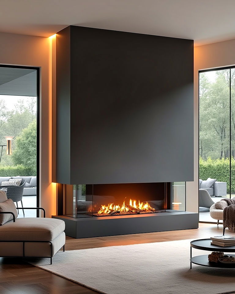 sleek glass enclosed gas fireplace