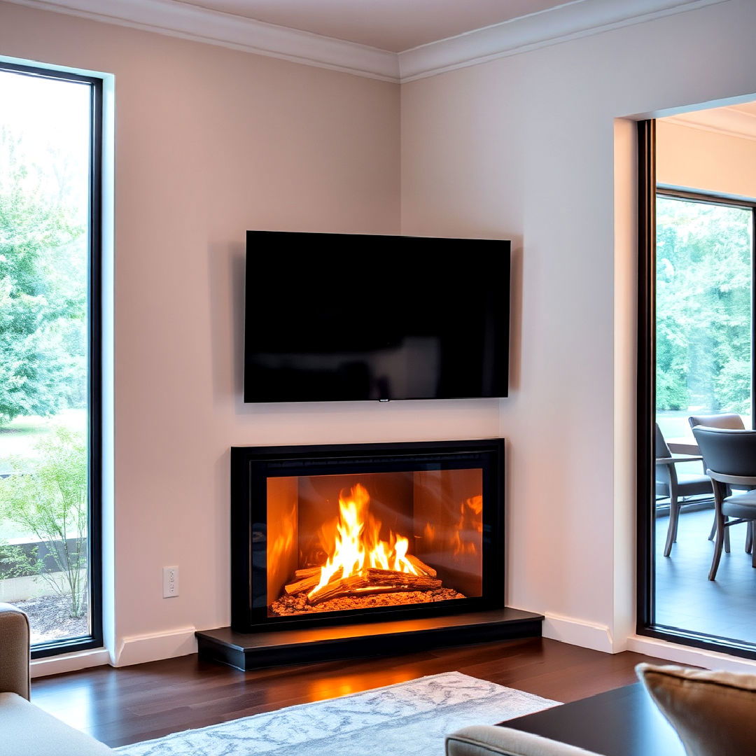 sleek glass enclosure corner gas fireplace