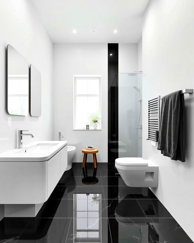 sleek glossy black bathroom floor tiles