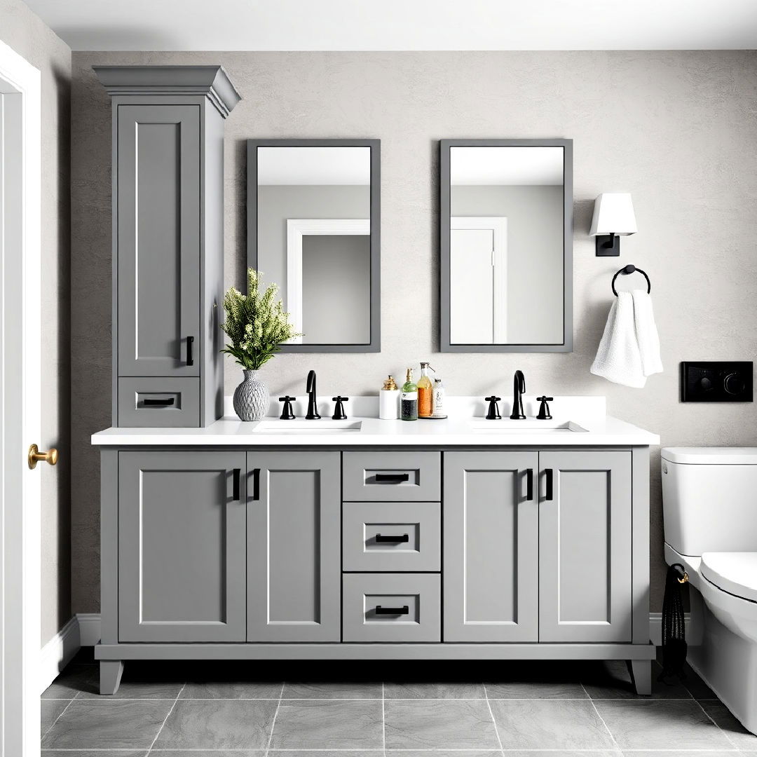 sleek grey vanity with white countertop