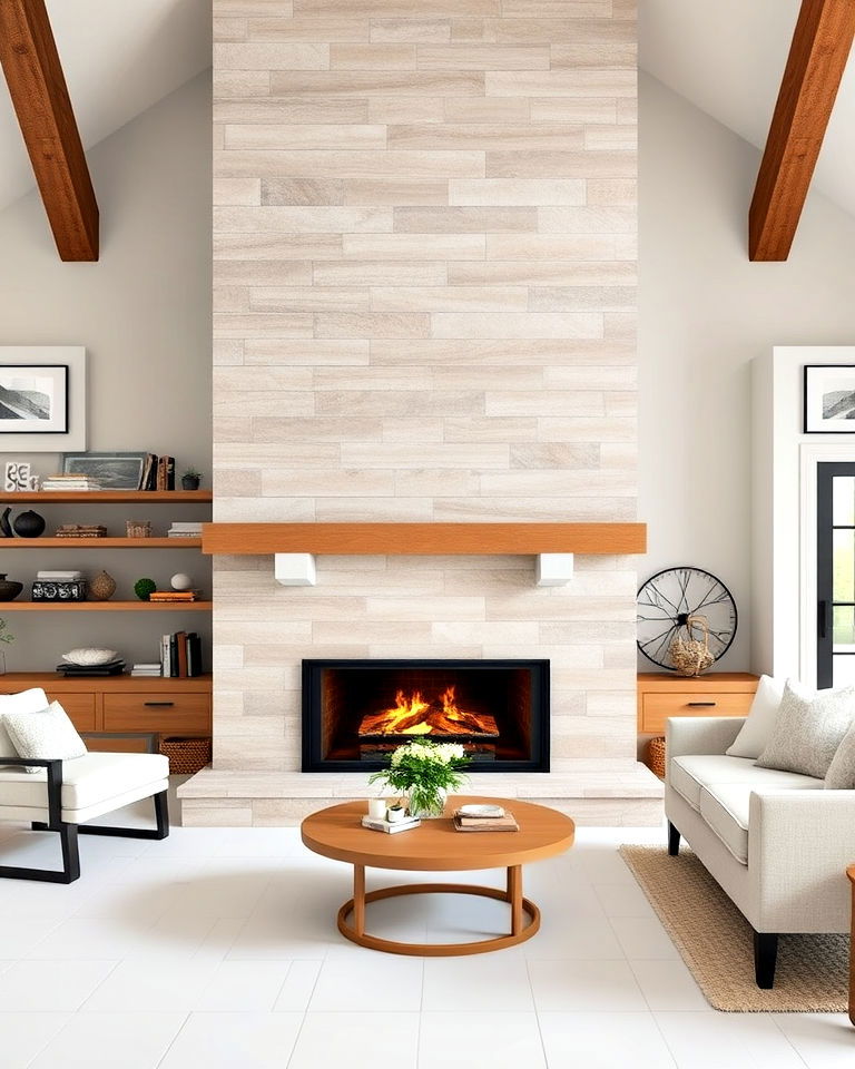 sleek large format porcelain tile fireplace