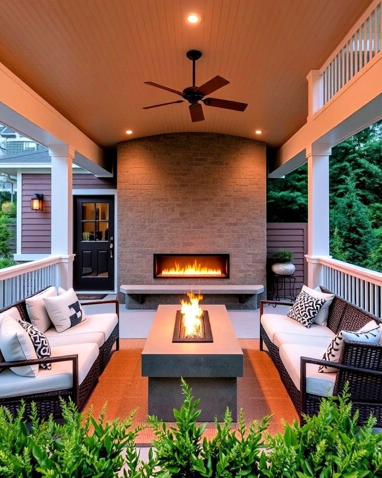 sleek linear gas fireplace for your porch