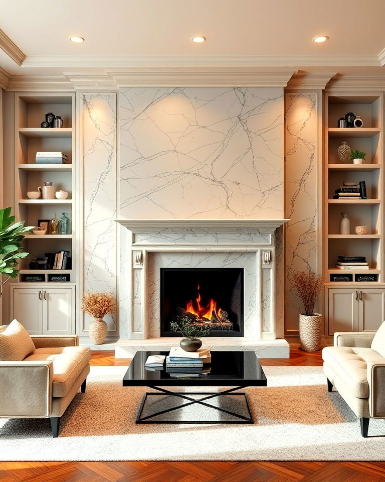 sleek marble fireplace with built in shelving