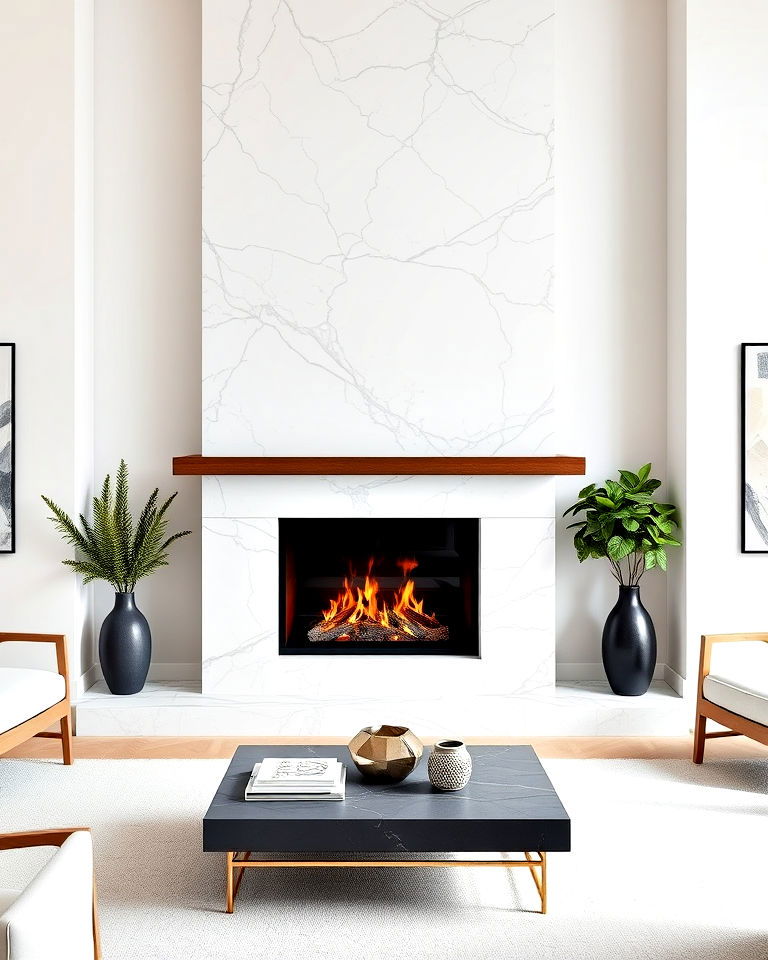 sleek marble fireplace with modern mantel