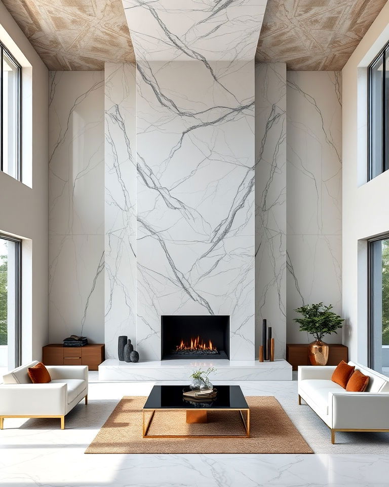 sleek marble stone floor to ceiling fireplace