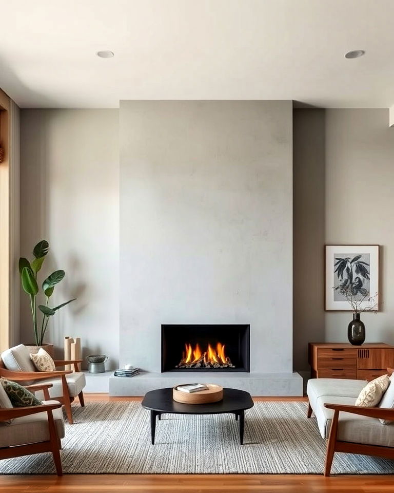 sleek mid century modern concrete fireplace