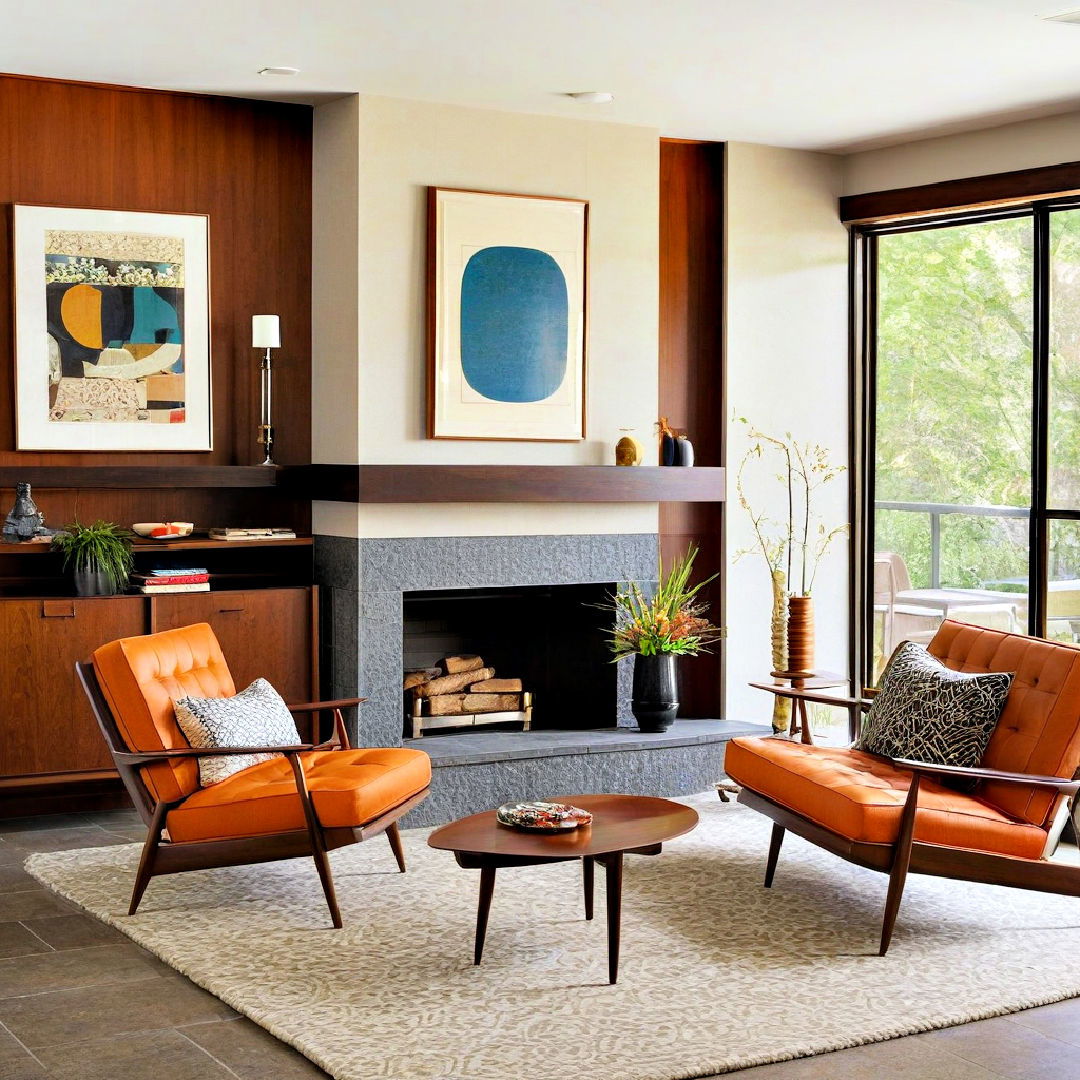 sleek mid century modern off center fireplace