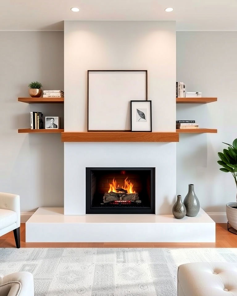 sleek minimalist fireplace with floating shelves