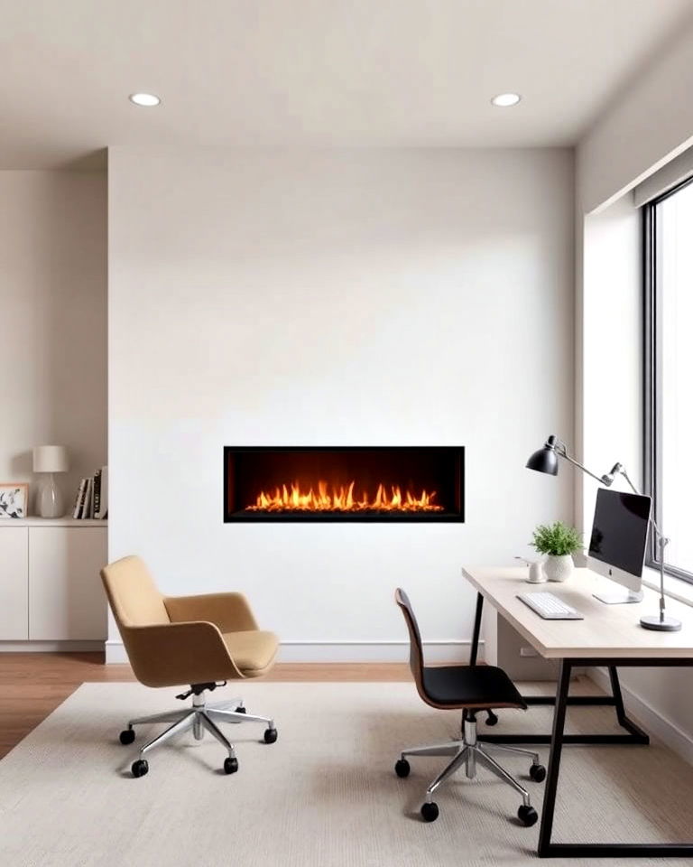 sleek modern office with minimalist fireplace