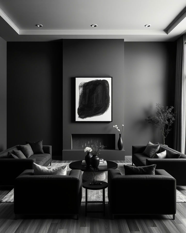 sleek monochrome living room with grey and black